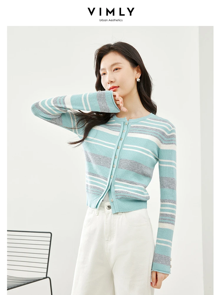 Vimly Contrast Striped Knitted Cardigans O-neck Long Sleeve Top Knit Sweater 2024 Spring High Strecth Slim Female Knitwear 72587