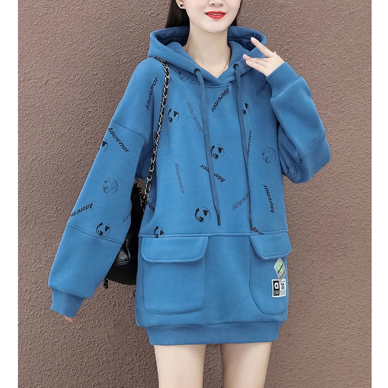 Autumn Winter Women Korean Fashion Print Pocket Oversize Fleece Hooded Sweatshirts Casual Streetwear Long Sleeve Pullover Hoodie