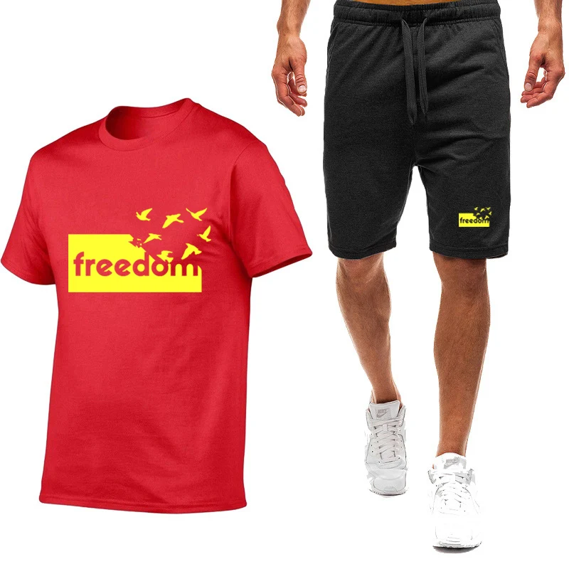 

The Freedom Letter Summer 2025 New Mens Casual Sportswear Fashion Breathable Short-sleeved T-shirt + Jogging Shorts 2-piece Set