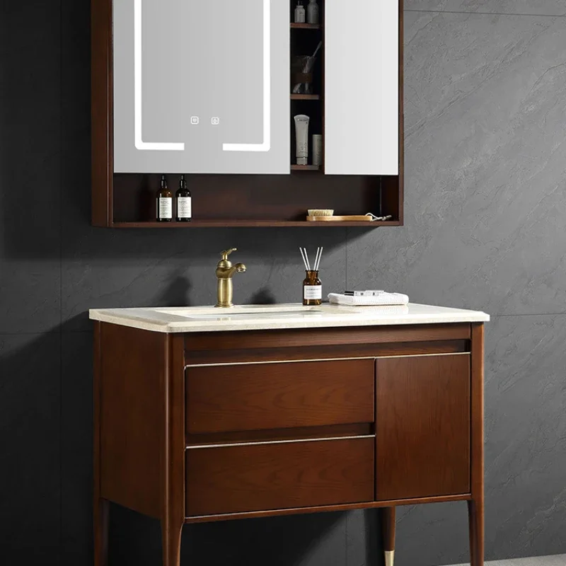 

Hand wash washbasin cabinet combination natural marble countertop smart mirror cabinet large basin