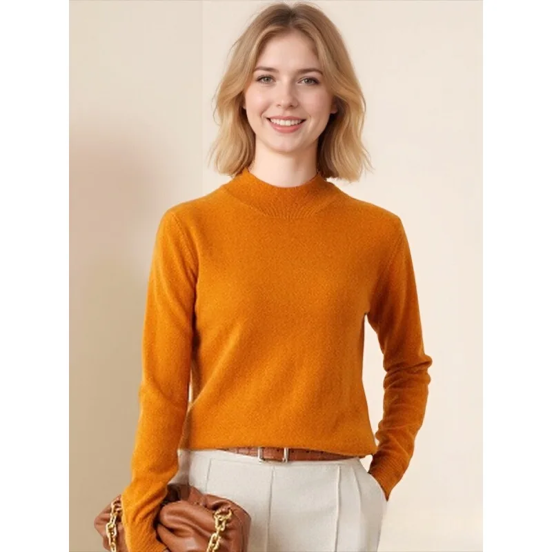 

Новый однотонный элегантный простой женский вязаный свитер с полувысоким воротом, осень-зима, повседневный универсальный тонкий пуловер с длинными рукавами