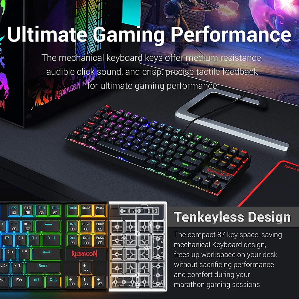 Combo de mouse e teclado com fio, USB, Gamer, 7200DPI, RGB, Backlight, Computador, Teclados mecânicos, 87 teclas para desktop, Laptop