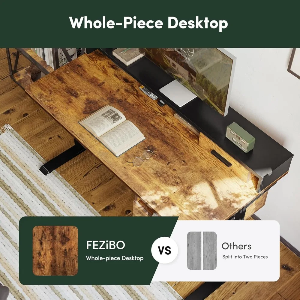 مكتب قائم كهربائي بني ريفي مع رف شاشة و3 أدراج وتخزين مفتوح لمحطة عمل الكمبيوتر المكتبية المنزلية، 48 بوصة ×