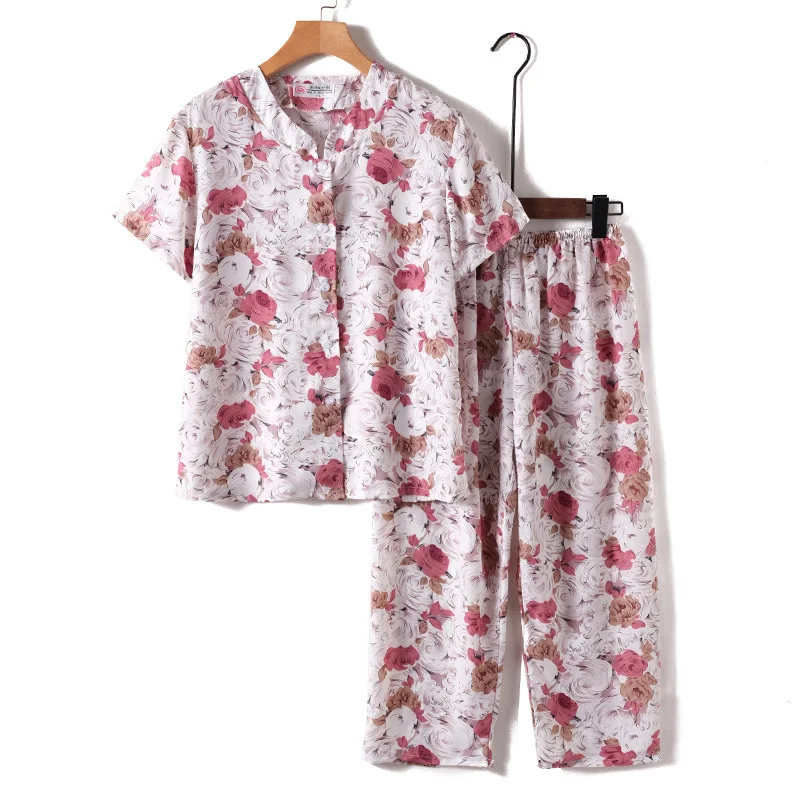 

Middle Aged Mother Two-piece Women's Sets Short Sleeve Sleepwear Top Calf-length Trousers Sets Summer Pajamas Cool Pijama Mujer