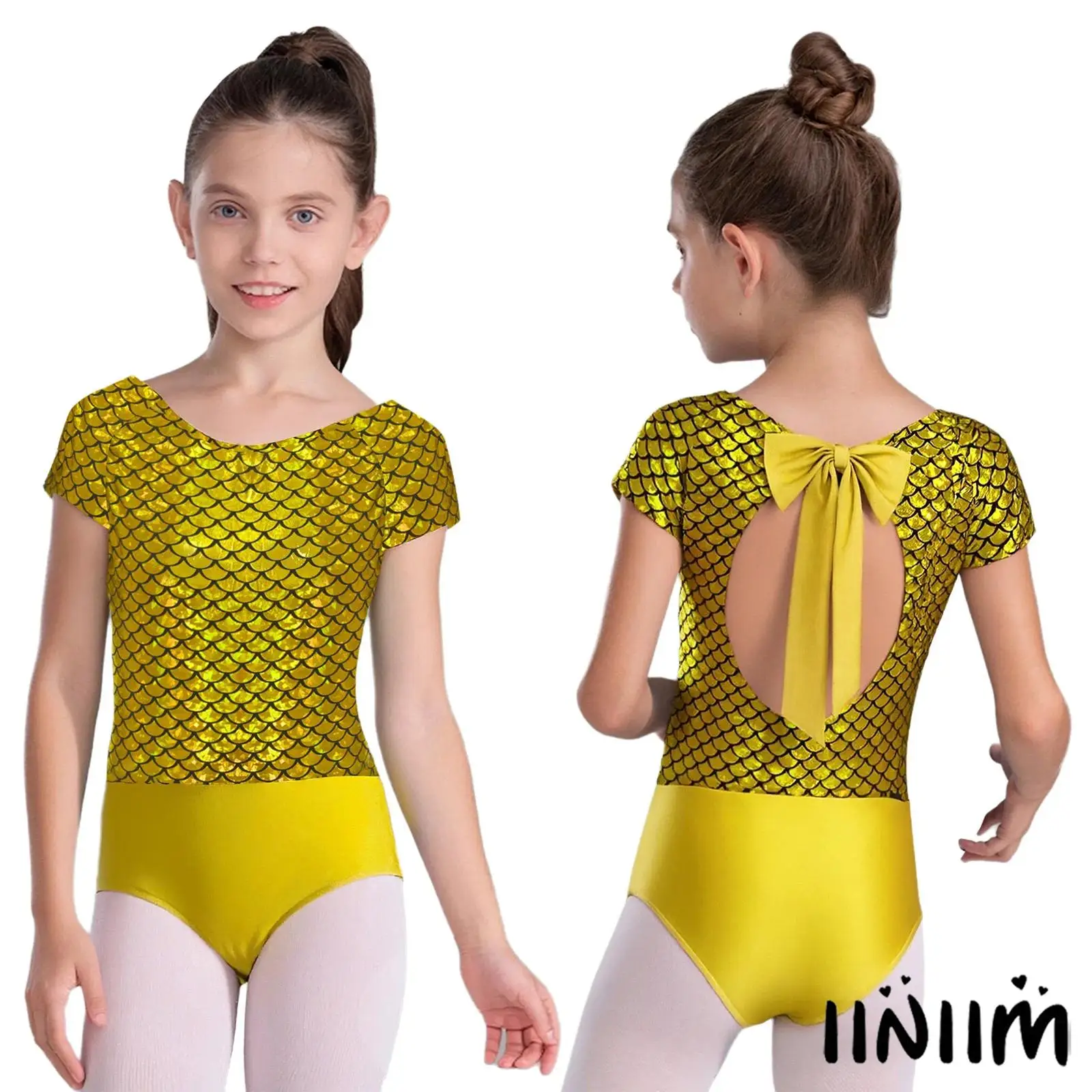 Crianças menina sereia traje em torno do pescoço bowknot recorte volta ballet collant metálico escala de peixe impressão bodysuit para patinação no gelo dança