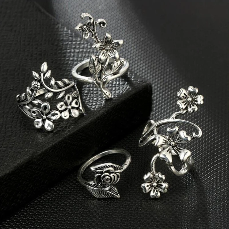 4pcs/set Antique Silver Color Vintage Bohemia Ring Set Rose Flower Rings For Women Charm Bohemia Floral Knuckle Ring view 5