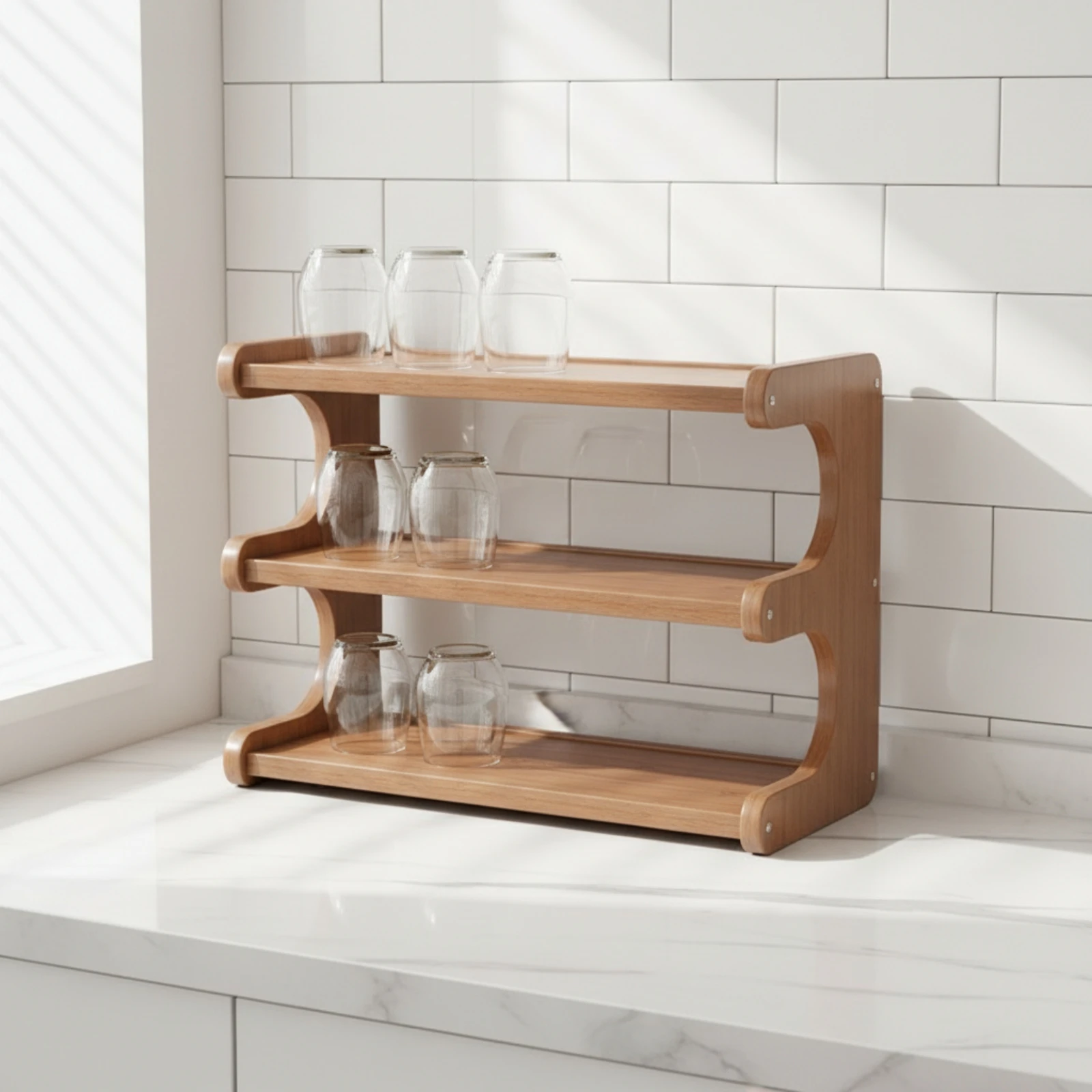 Tabletop Shelf Unit Space-Saving Freestanding Desktop Storage Rack Wood-Look Desktop Storage Rack Movable for Kitchen, Office