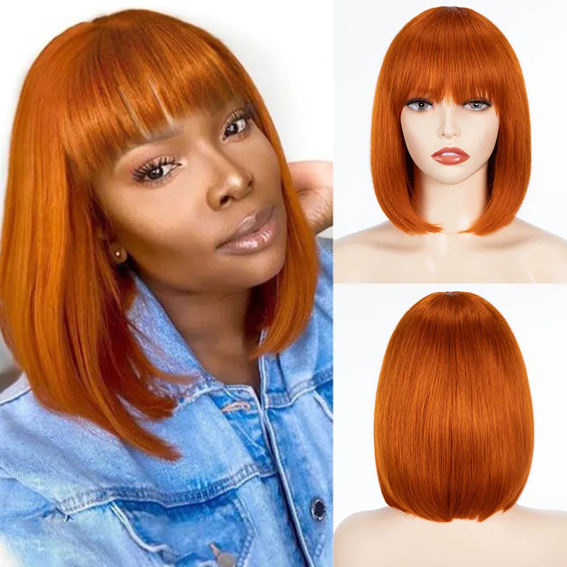 

Orange Wig With Bangs Human Hair Short Straight Bob Wig Glueless Cosplay Hair for Women Human Hairs 180% Density Daily Party Use