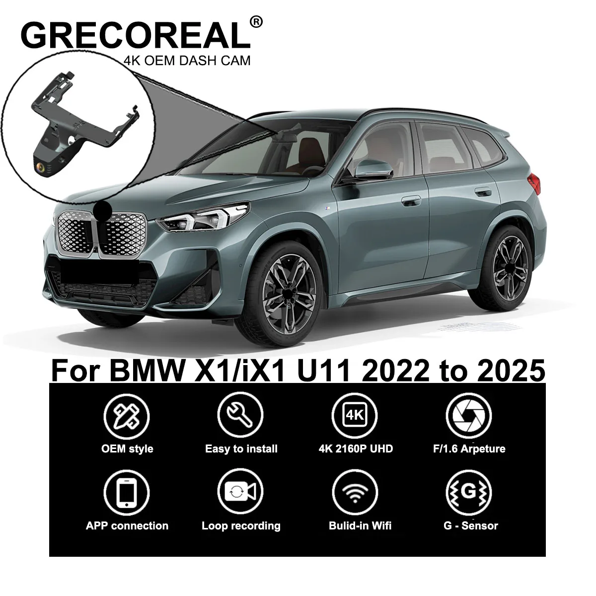 

GRECOREAL 4K Dash Cam Front and Rear WiFi Car Dual Dashcam APP Control Easy Install Plug Play Compatible with BMW X1 iX1 U11