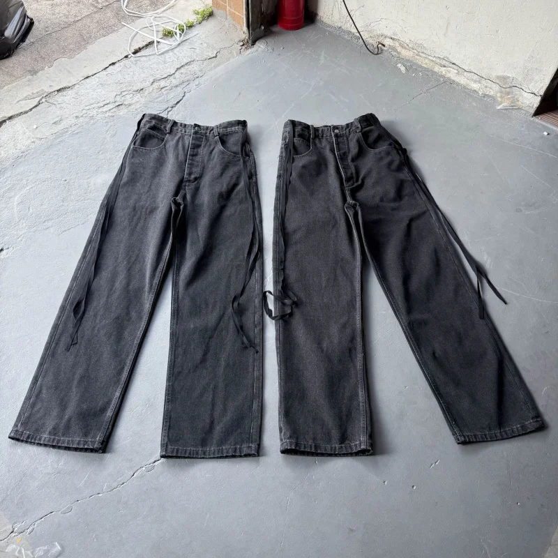 

Мужские джинсы Waed Vintage свободного кроя с поясом, прямые широкие брюки, повседневные хлопковые джинсы прямого кроя