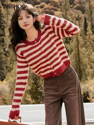 MISHOW Striped Cardigan for Women 2023 Autumn Winter Round Neck Short Knitted Sweater Button Casual Coat Female Tops MXC54Z0256