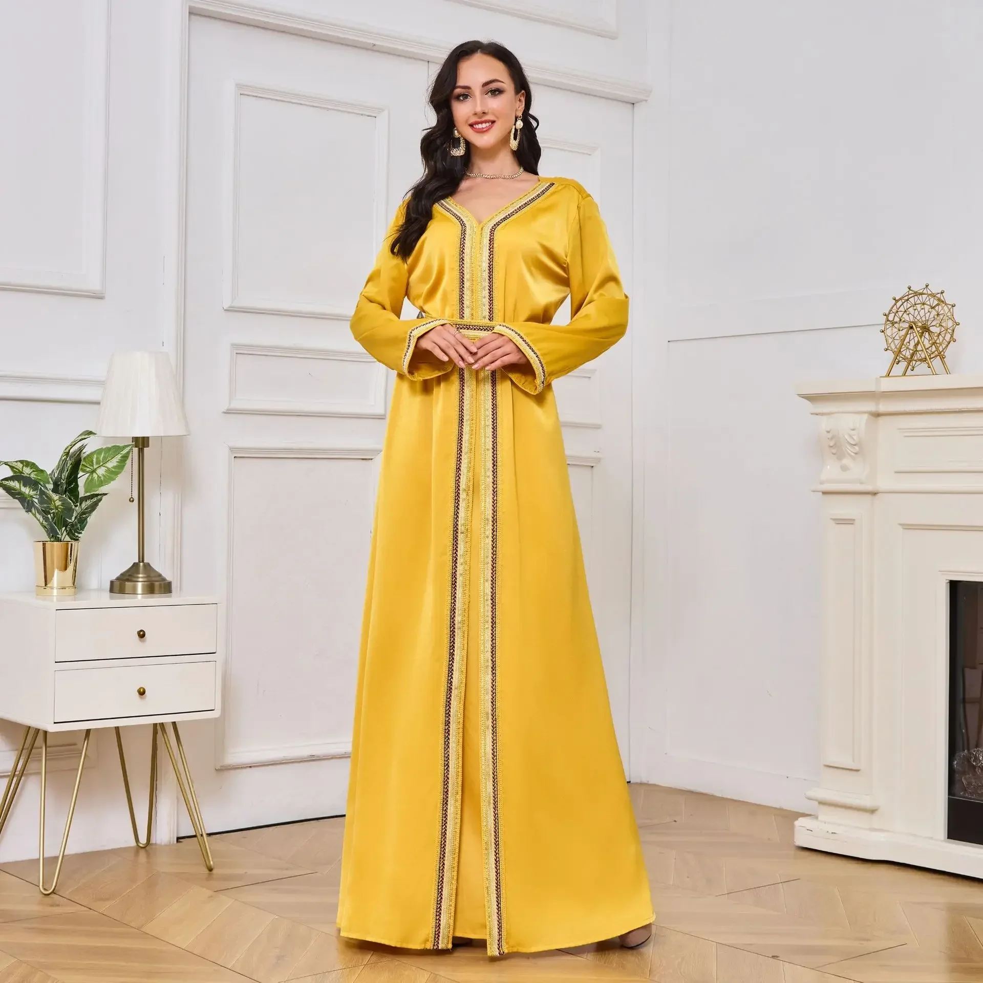 Robe musulmane à manches longues pour femmes, caftan marocain, cardigan islamique, abaya de Dubaï, robe de soirée fendue, jaune, arabe