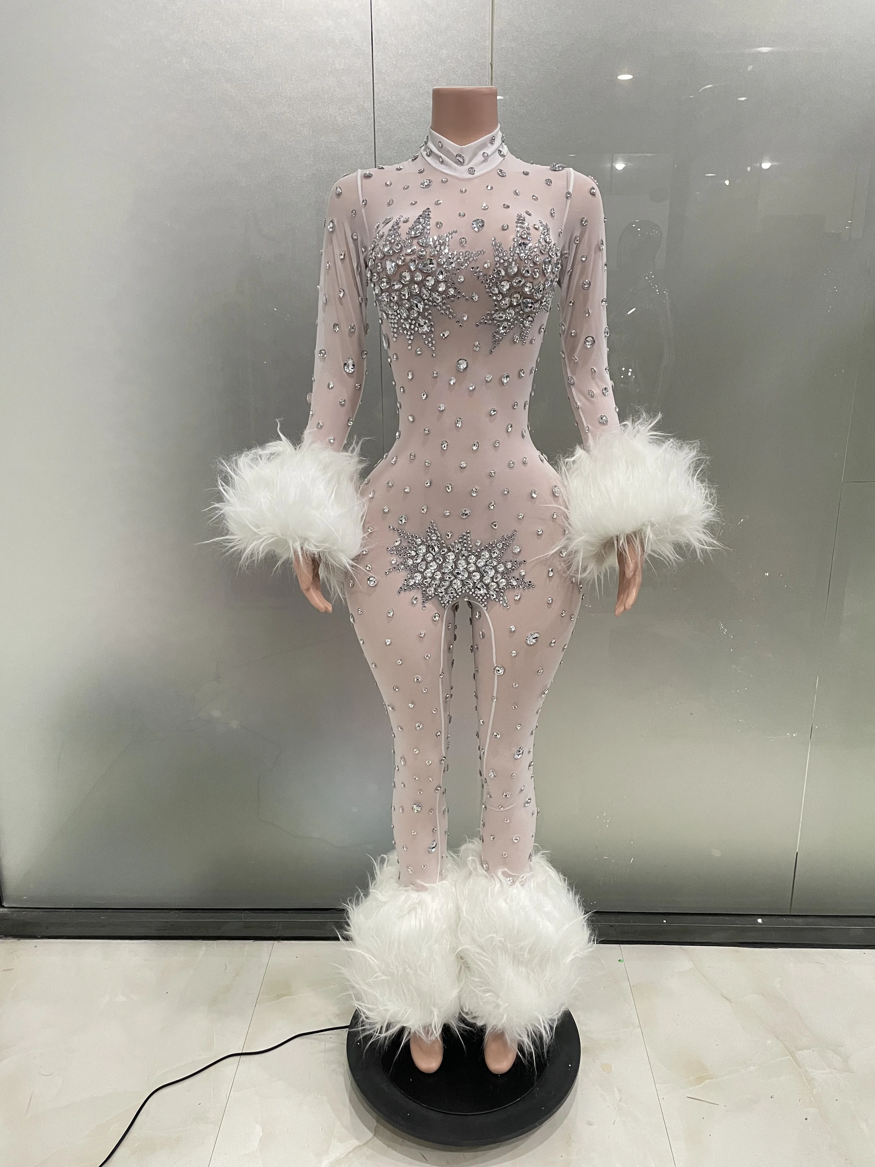 STOCK Shining Diamonds Feathers Prom Gowns Long Sleeve Sexy Luxury Bodycon Jumpsuit Evening Dress Singer Stage Show Dress