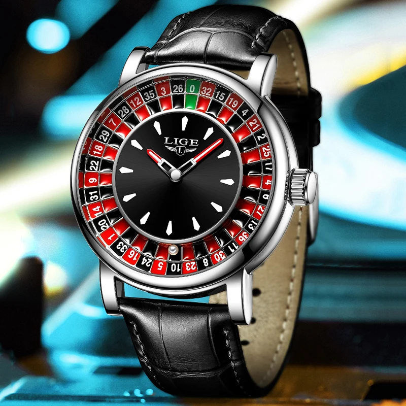 ساعة LIGE للرجال موضة جلد بني رياضية مقاومة للماء أرقام عربية دوارة للعبة كرونوغراف كوارتز ساعات المعصم للرجال