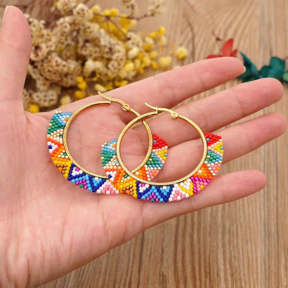 Bohemian Style Large Hoop Earrings Custom Gemstone PVD Stainless Steel Braided Handmade Colorfull Rice Beads Ear Jewelry Women