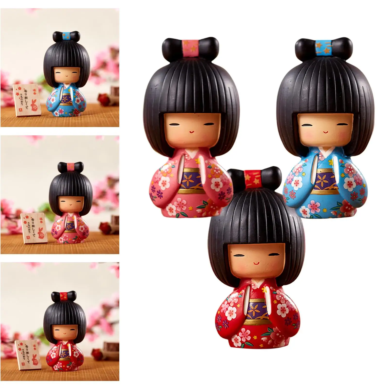 Kokeshi Dolls Miniature Kimono Ladies Hand Painting Sculpture for Decoration