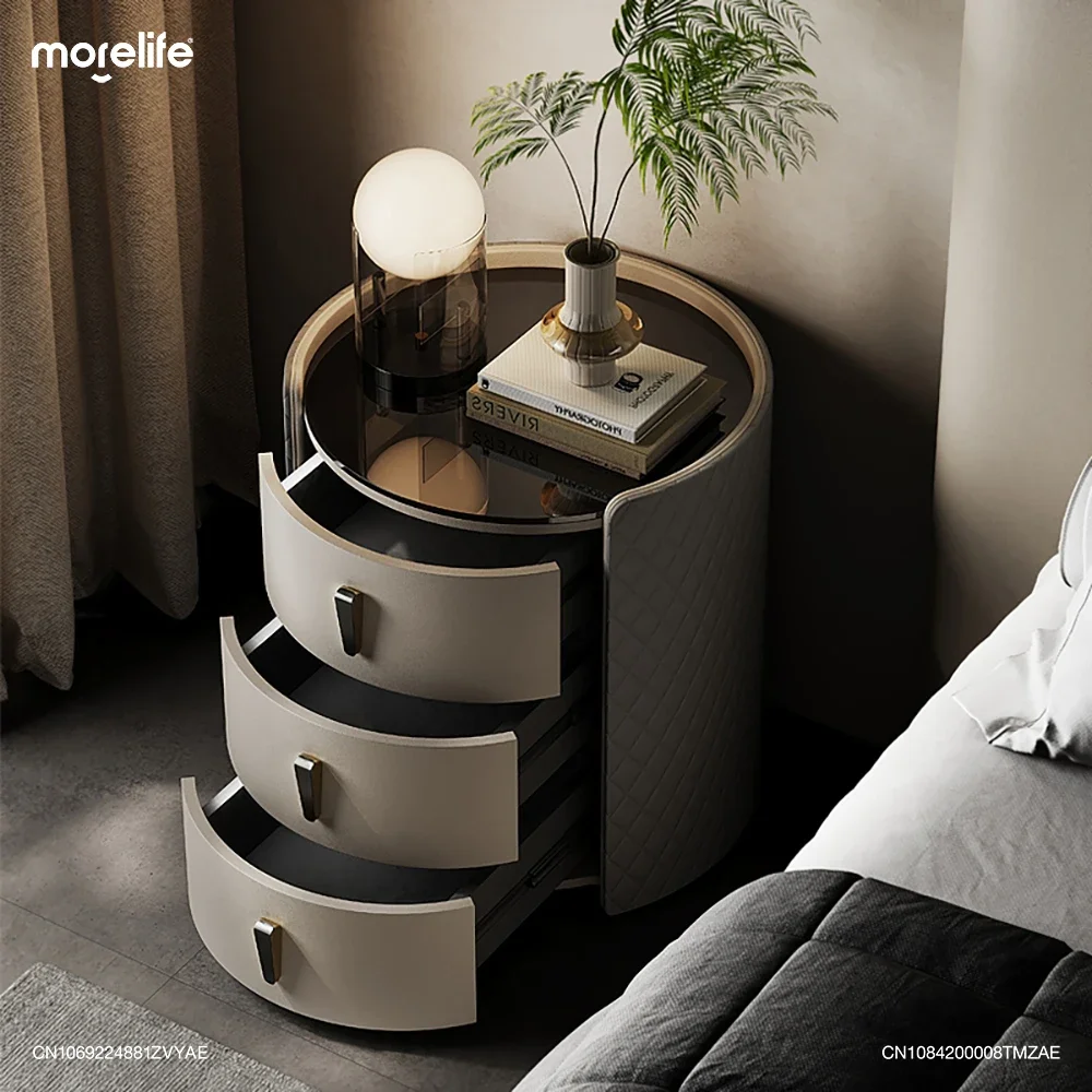 

Modern Bedroom Luxurious Italian Style Minimalist Bedside Table Circular High-end Rock Panel Solid Wood Nightstands Furniture K+