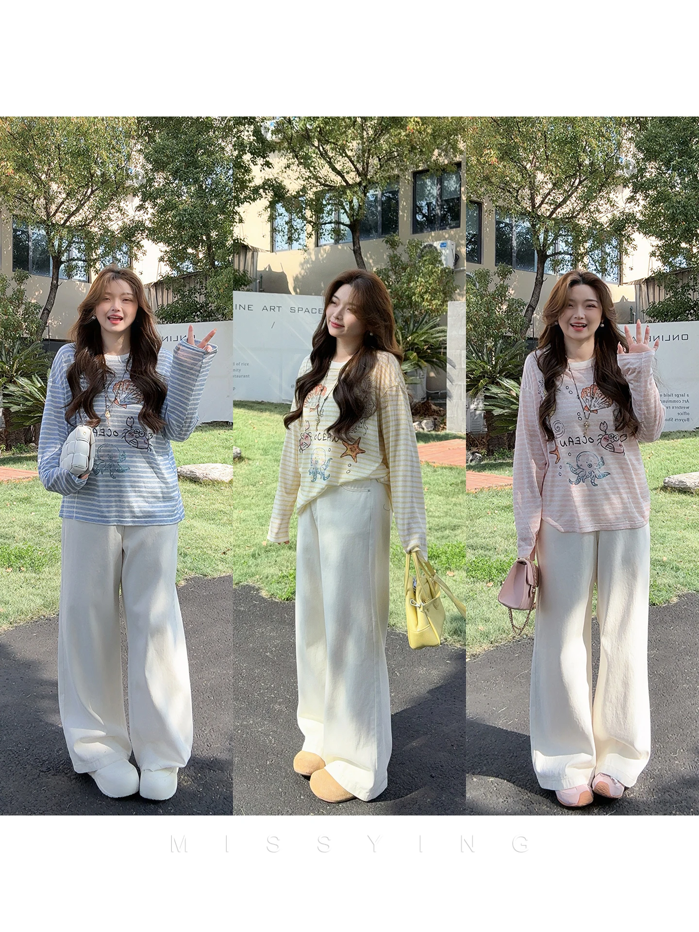 

Ladies Large Size T-irt Striped Korean Sle Lazy Ocean Spring Summer New Arrival Long Sve round Ne Regular Fit Top