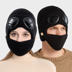 Unisex Knitted Goggles Beanie 3 in 1 Winter Warm Outdoor Sports Fashion Aviator Hat with Face Mask and Ear Cover