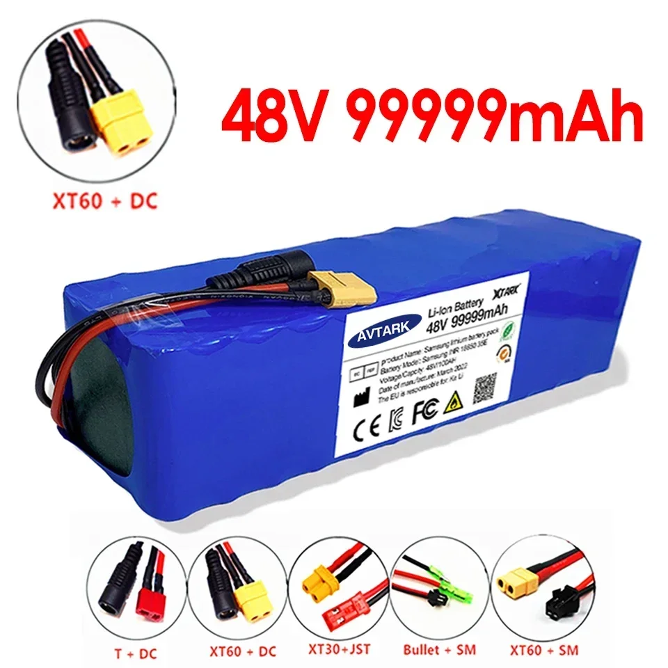 Batería de iones de litio de alta capacidad para patinete eléctrico, 48V, 100Ah, 1000W, 13S3P, 99999Mah, 54,6 V, con Bms y cargador