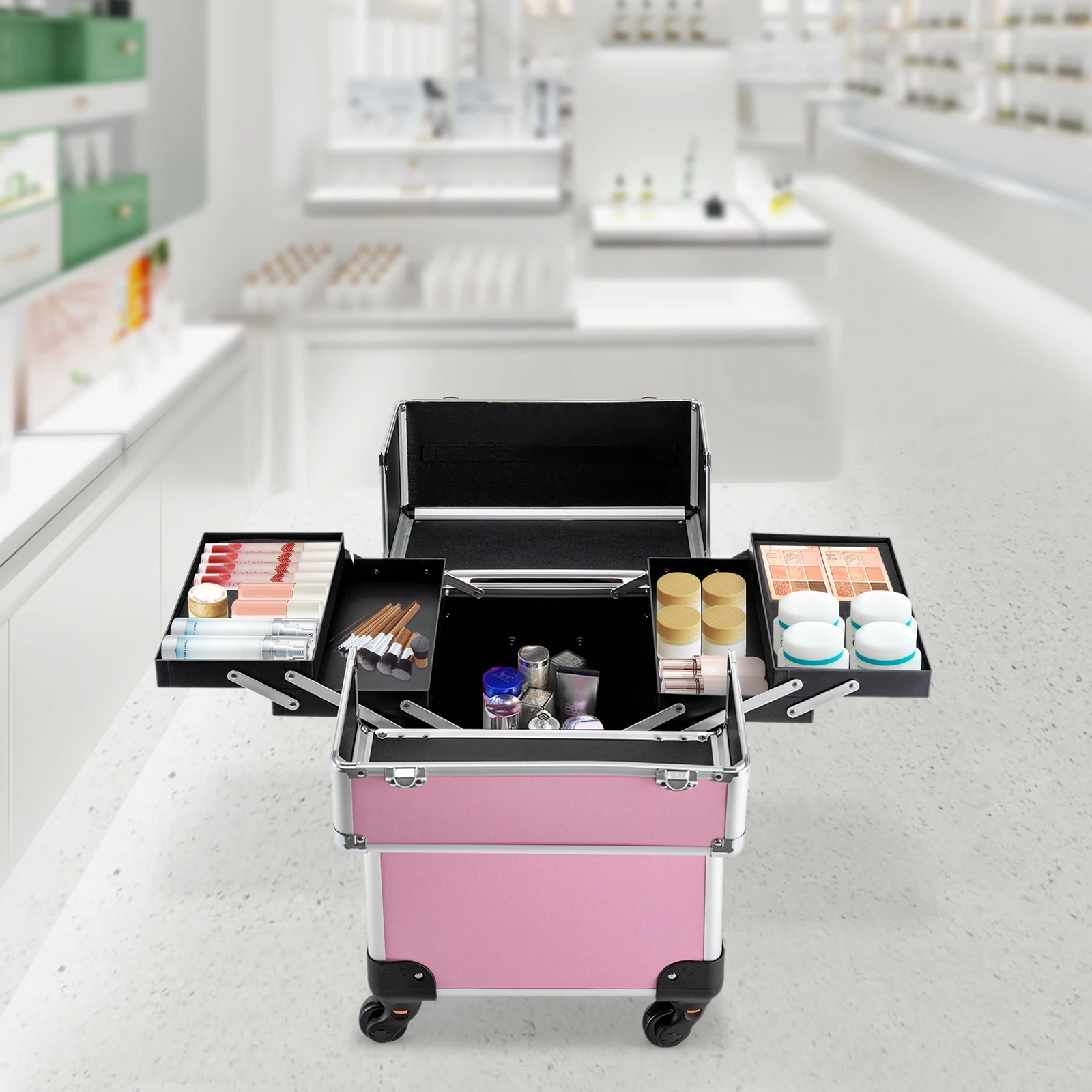 

Professional Aluminum Alloy Makeup Box Rolling Makeup Train Case with Slide Rail Salon Barber Cosmetic Trolley