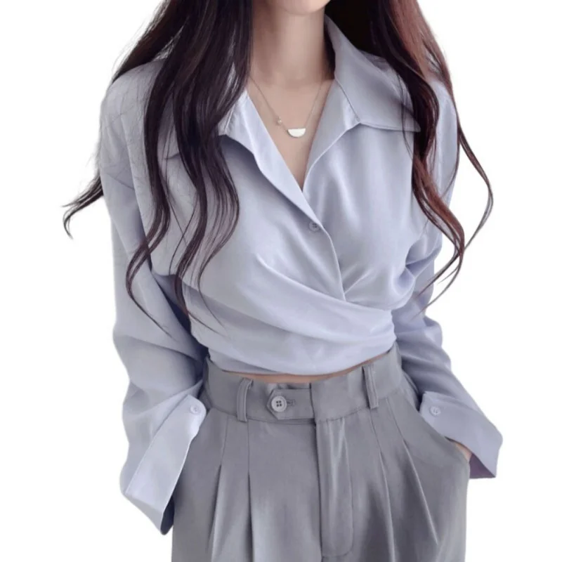 Women Chiffon Shirt Back Tie Bowknot Waist Closing Unique Chic Long Sleeve Crop Tops