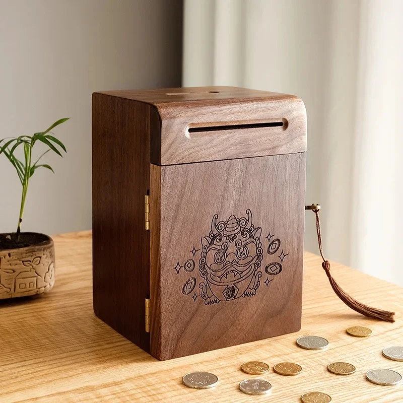 Wooden Piggy Bank Lockable Coin, Box Chinese Pixiu Money Saving, Pot Home Desktop Decoration Gift, For Kids Adults Large Capacit