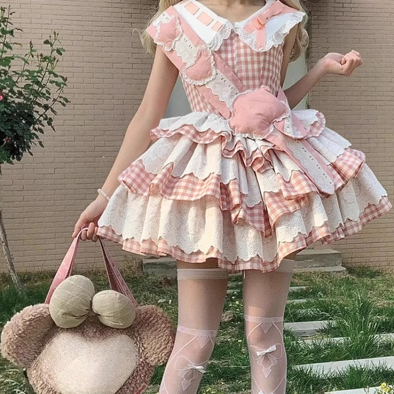 2025 japonês verão bonito doce rosa xadrez pequenas mangas voadoras lolita cintura fina em camadas vestido fino para mulher