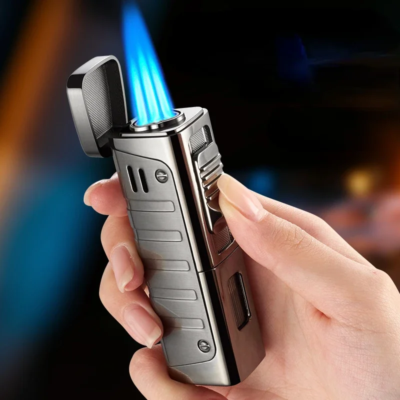 Metal Cigar Jet Lighter Blue Flame 3 Jet Torch Gas Butane Lighter Visible Gas Chamber Accessories Men\'s Lighter Gift