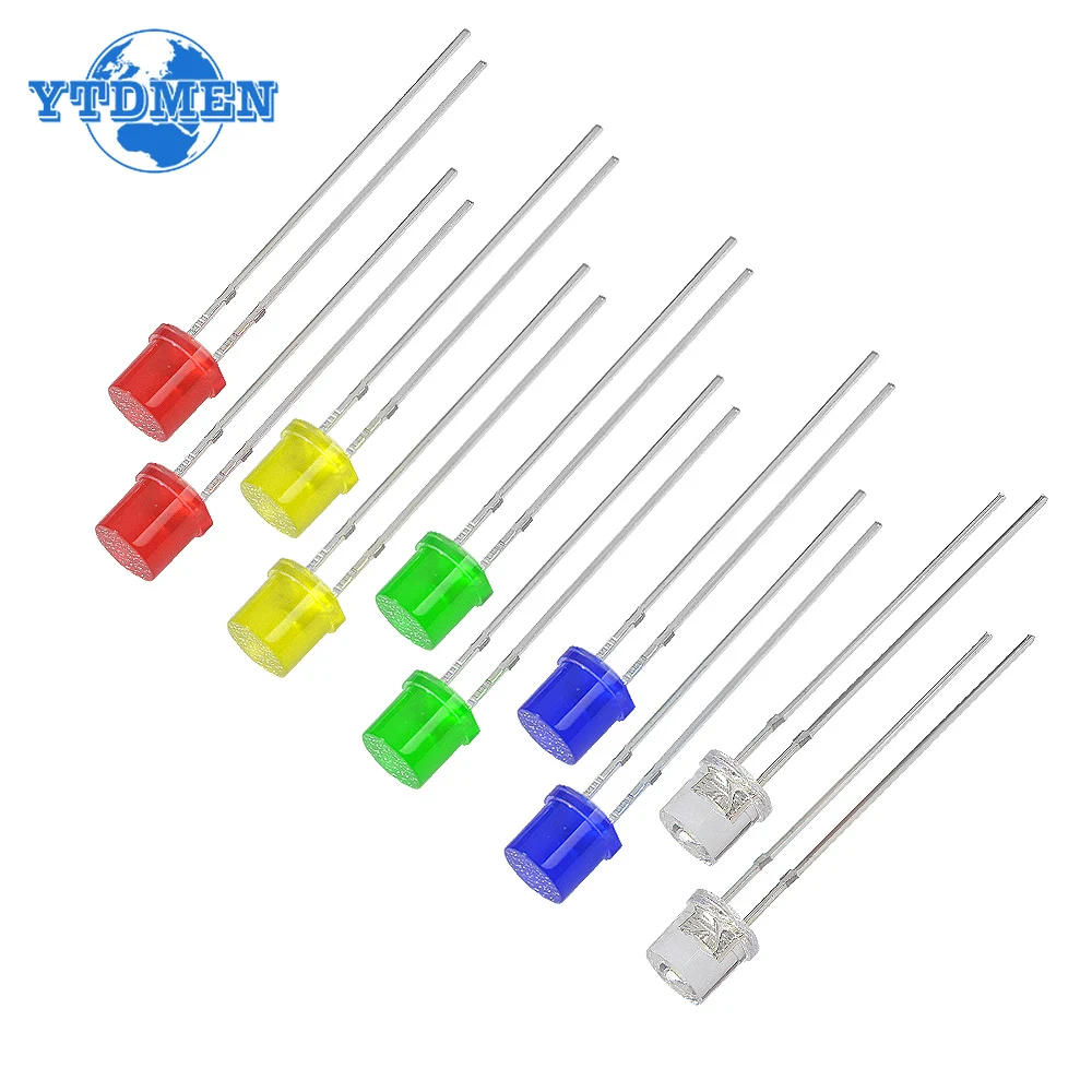 100PCS 5MM LED lighting LEDs Kit Red Yellow Blue Green White LED Diode assortment Package F5 Flat Led Lights Diodes Set