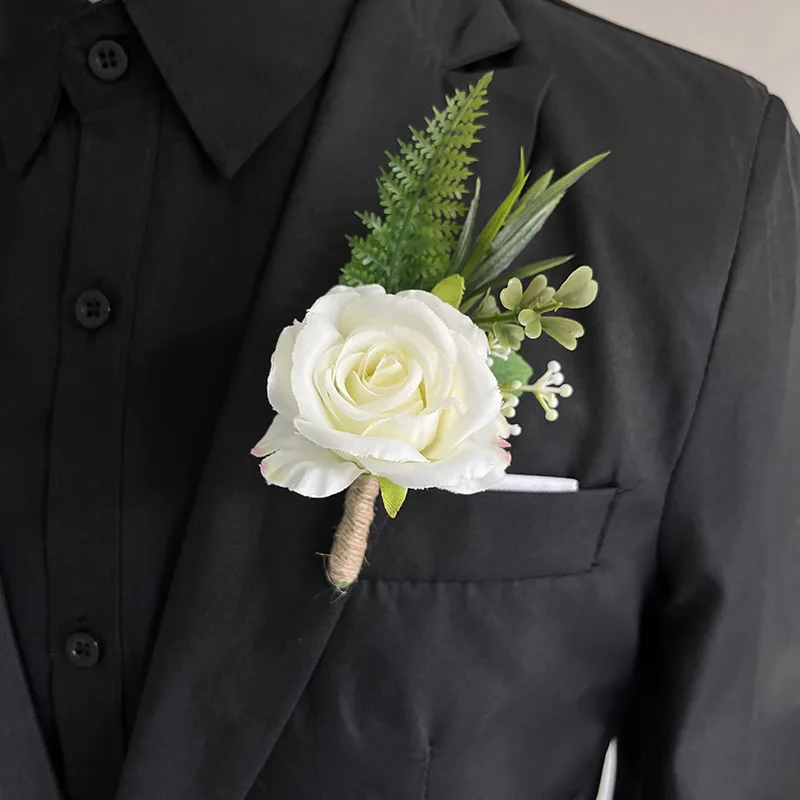 Boutonniere ดอกไม้ประดิษฐ์ดอกกุหลาบผ้าไหมสีขาวช่อดอกไม้หมุดรังดุมอุปกรณ์จัดงานแต่งงานข้อมือช่อดอกไม้สร้อยข้อมือเพื่อนเจ้าสาว