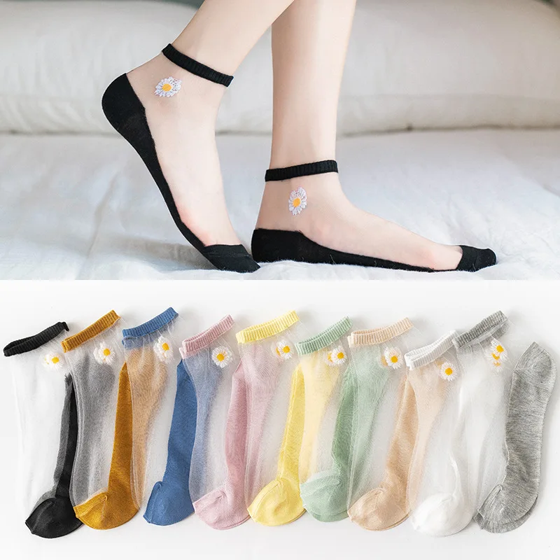 Ultra Thin Socks For Summer Crystal Glass Stockings Small Daisy Female Socks  Solid Color Korean Style Female Boat Socks