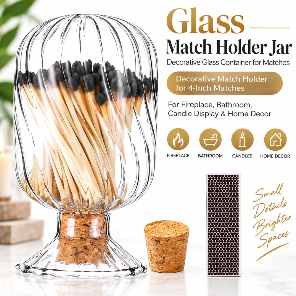 Glass Match Holder Jar with Striker, Decorative Glass Container for Matches Decorative Match Holder for 4-Inch Matches | Match
