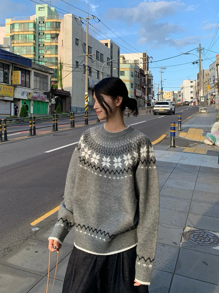 

Retro American Sle Fair Isle Knit Sweater Women Loose Lazy Sle Autumn Winter Warm Long Sve round Ne Top Trendy