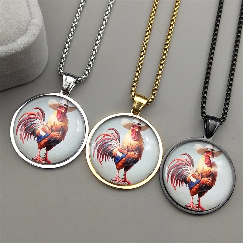 فاسق كاوبوي الديك الديك سلسلة للنساء الرجال الفولاذ المقاوم للصدأ الزجاج الحيوان الغربية مزرعة الذكور قلادة قلادة مجوهرات هدايا #5