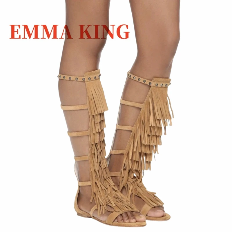 أسود الجلد المدبوغ صنادل طراز جلاديتور المفتوحة تو الصيف مهدب شقة الركبة عالية التمهيد أحذية الشاطئ موضة صندل كاجوال للأحذية النسائية 44