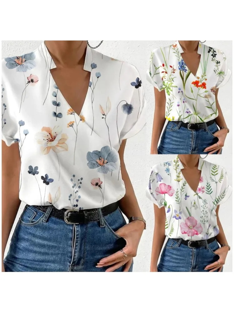 Camisas Para Mujer, verano 2023, Tops y Blusas holgados con cuello en V y estampado, Blusas Elegantes Para Mujer, camiseta informal