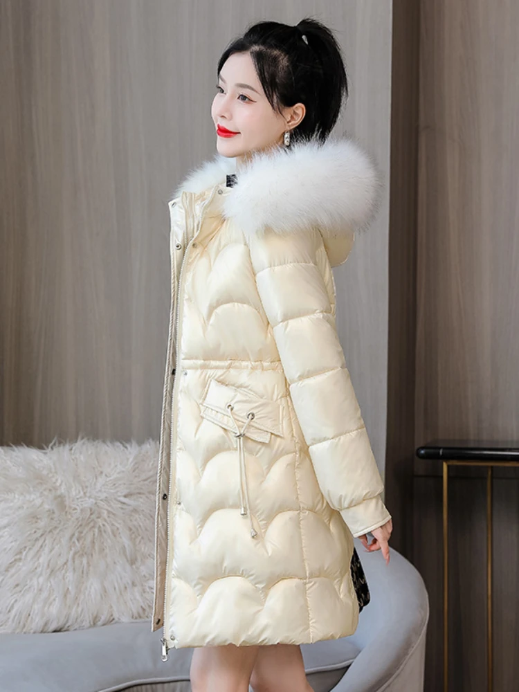 2023 Parkas Women Winter New Fashion Shiny Wash-free Padded Coat Female Casual Thick Long Hooded Fur collar Down Cotton Jacket