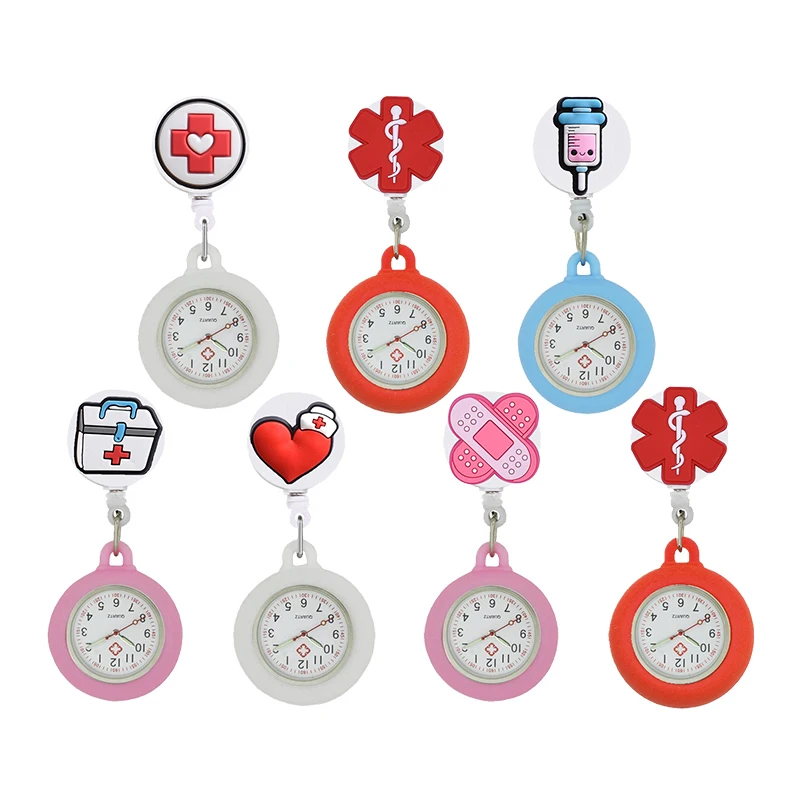 YIJIA Cartoon Red Cross Retractable Badge Reel Pocket Watches for Nurse with Colourful Silicone Case for Medical Workers 