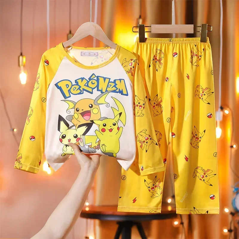 

2pcs/set Pokemon Pikachu Kids Pyjamas Cute Cartoon Fashion Child Autumn Pajamas Sets Soft Home Clothing Children Holiday Gifts