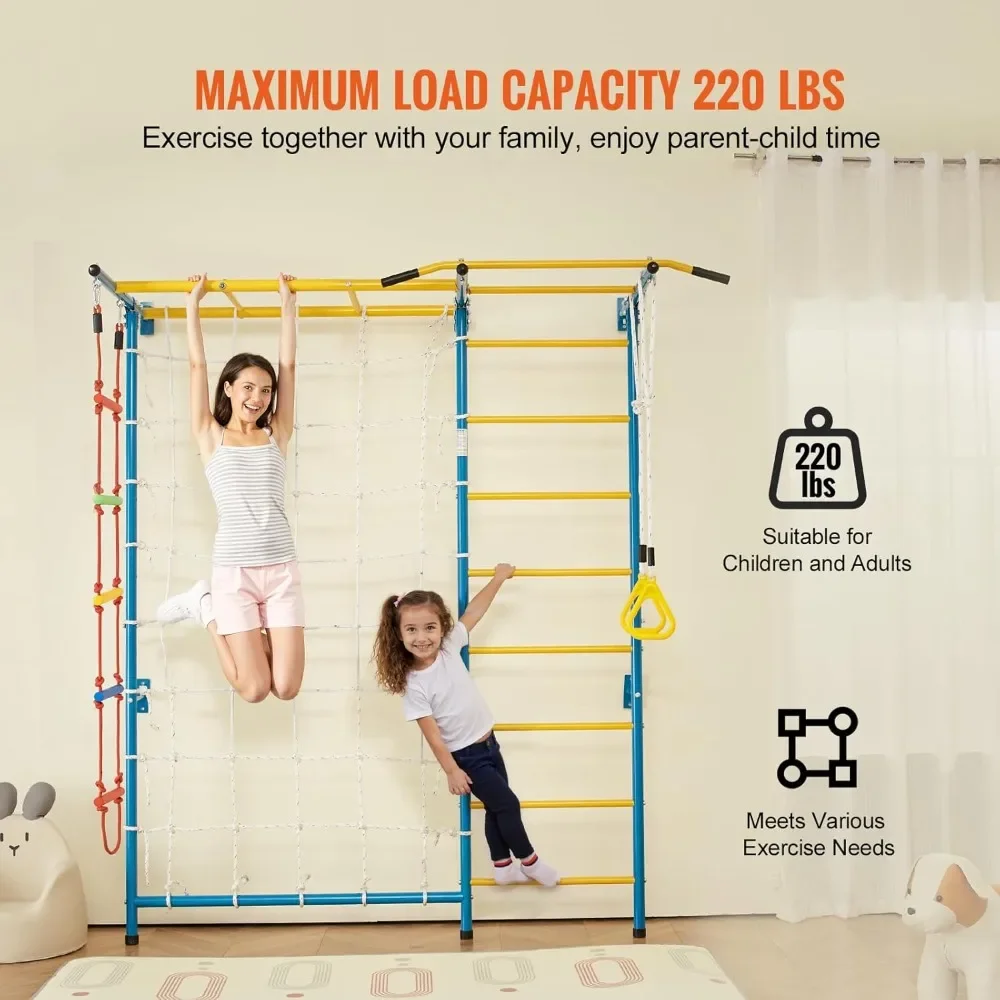 صالة الألعاب الرياضية في الغابة الداخلية للأطفال الصغار، مجموعة لعب التسلق 7 في 1 مع سلم سويدي من الفولاذ الكربوني، سلم حائط، قضيب سحب، سلم حبل #5
