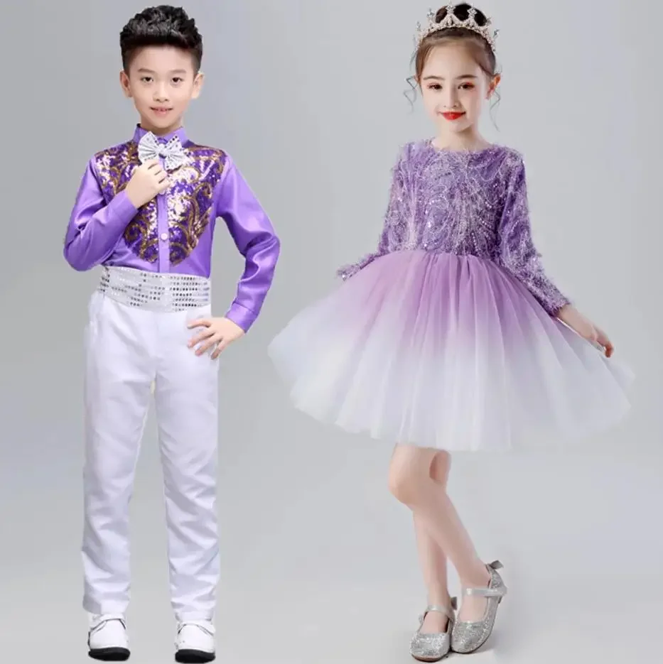 Modern Dance Dress For Girls Boys Long Sleeved Salsa Waltz Dance Costume Child Kids Chorus Dance Wear Childrens Party Dresses