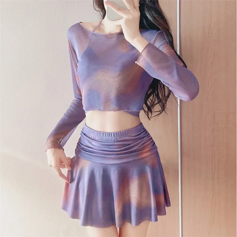

Purle Tie Dye с принтом корейской моды Купальники из трех предметов Комплект бикини Мини-юбки Кюлоты Сетчатые футболки с длинными рукавами Купальник Пляжная одежда