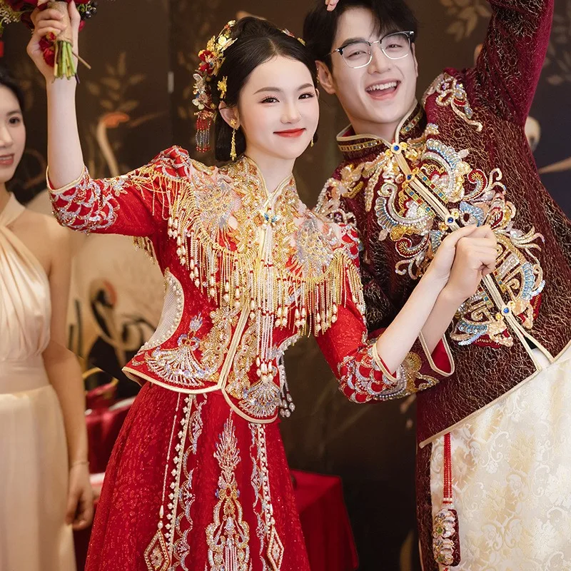 New Chinese-style dragon and phoenix gown dress for toasting wedding going out