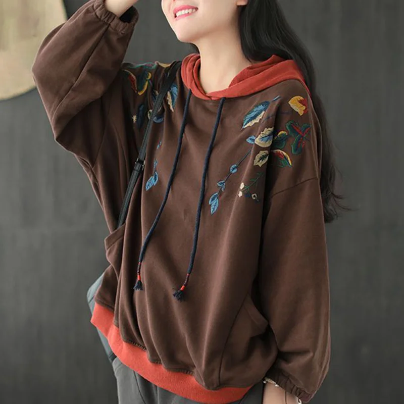 Fashion Hooded Pockets Folds Embroidery Hoodies Female Clothing 2023 Autumn New Casual Tops Loose Commute Sweatshirts