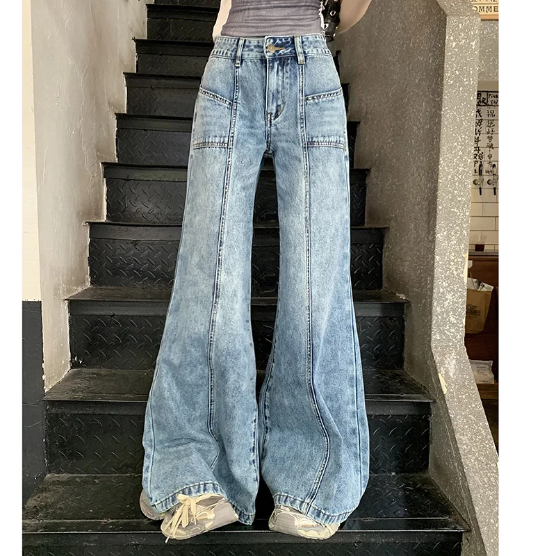 Vintage Women Cargo Jeans High Waisted Flared Jeans Wide Leg Denim Pants Boot-Cut Denim Pants Female Fashion Y2K Outfits Street