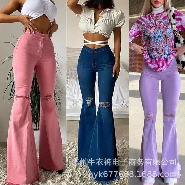 

Pants Women Flare Pant Denim Long Trousers Elegant Splice Solid Slim Fit Sexy Hip Wrap Capris High Waist Sheath Casual Summer