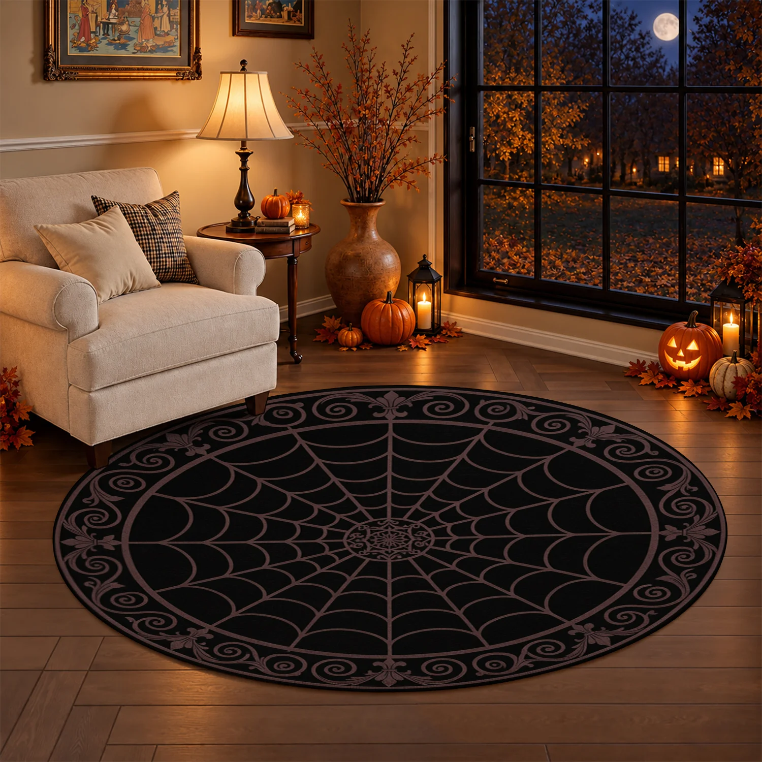Spider Web Vintage Scroll Pattern Round Velvet Rug, Machine Washable, Suitable for Living Room, Bedroom, Entryway, Dining Area, Perfect for Halloween, Thanksgiving, Christmas, New Year, Black Friday, Cyber Monday