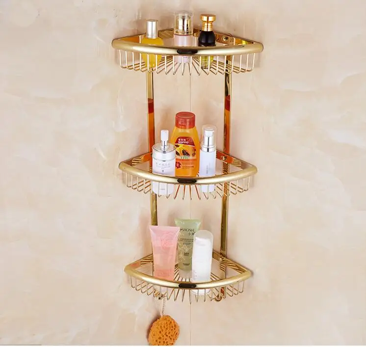 

Luxury 3 Tier Brass Bathroom Accessories Golden Triangle Basket Corner Shelves Holder Multi-functional Save Space