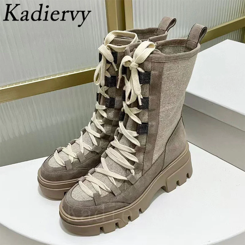 Thick Sole Motorcycle Boots Women Round Toe Lace Up String Bead Flat Shoes Women Cow Suede Patchwork Short Boots Woman